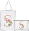Sanwuta 2 Pcs Floral Letter Initial Canvas Tote Bags, Monogrammed Travel Cosmetic Bags for Woman Wedding Gift