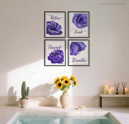 heshengzaixian Purple Flower Bathroom Wall Art Print, Mauve Rose Floral Relax Soak Unwind Quotes, Set of 4, 8X10in