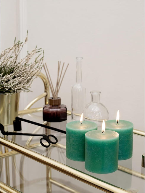 CANDWAX Set of 3 Rustic Unscented 3x3 Pillar Candles - No Drip Green Candles for Home Decor