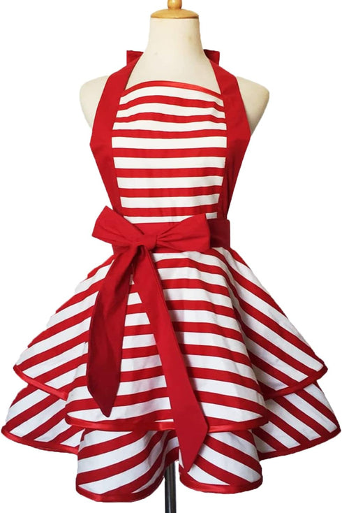 Cute Lovely Violet Mist Retro Aprons for Women, Girls, Vintage 50s Red Striped Kitchen Ruffle Apron, Christmas Gift
