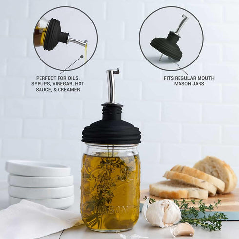 reCap Mason Jar Pour Spout and Olive Oil Dispenser | Regular Mouth | Black | Made in the USA | Leak-proof |