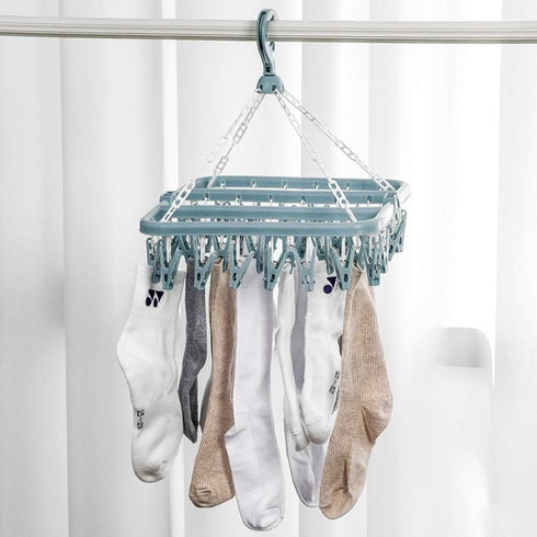 Clothes Drying Hanger with 32 Clips, Drip Foldable Hanging Rack (Light Blue)