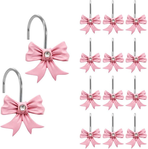 12PCS Decorative Shower Curtain Hooks, Pink Bow Knot Resin Shower Rings for Bathroom Nursery Art