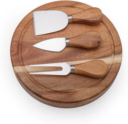 ILEAF Round Slide-Out Acacia Wood Cheese Board and 3 Piece Cheese Tool