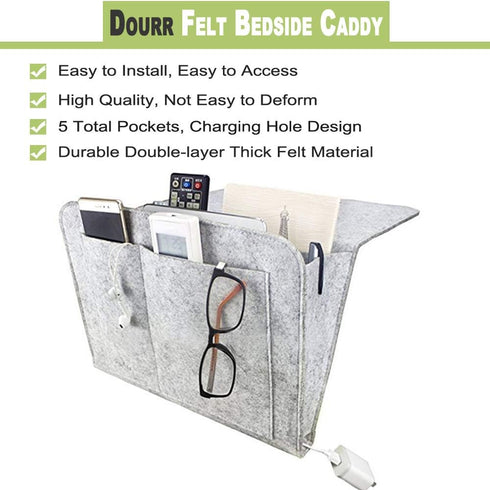DOURR Felt Bedside Caddy Organizer Storage Pocket for Tablet Magazine Phone Small Things Holder (Gray)