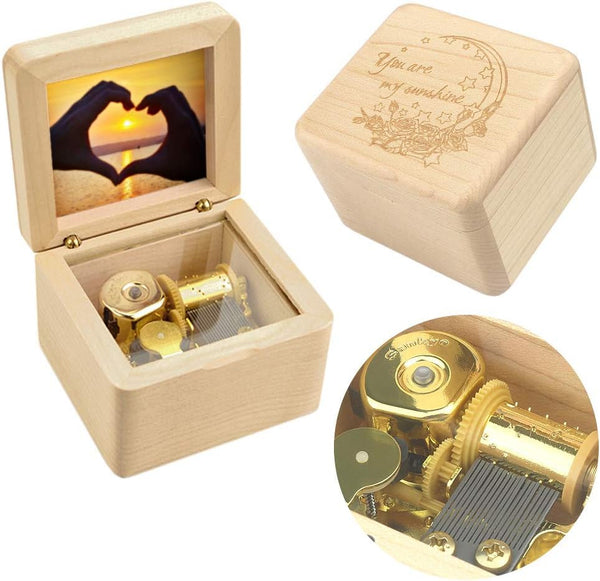 Sinzyo Natural Wooden Music Box with Customizable Photos, Wind Up Musical Box Gifts for Christmas, Birthday,