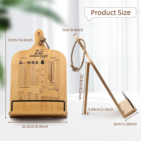 Cookbook Stand: Wooden Holder with Measurement Conversion Chart, Adjustable Recipe Book Stand