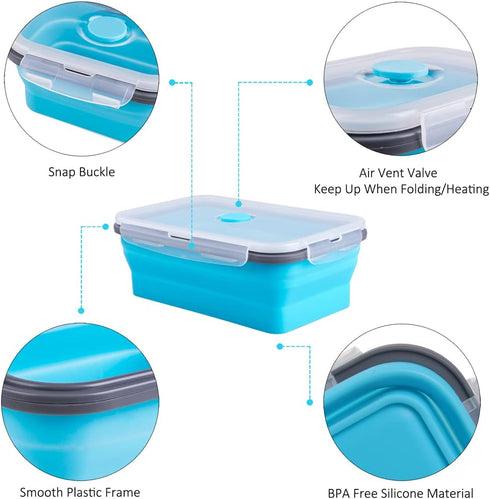 Collapsible Food Storage Containers with Airtight Lid & Air Vent, 40.5 oz, Kitchen Silicone Meal Prep Container Set