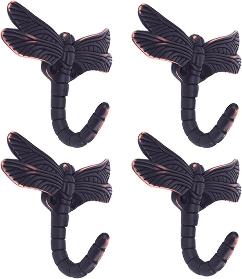 Dragonfly Hooks Wall Hooks for Hanging, Oil Rubbed Bronze Coat Hooks, Heavy Duty Key Holder, Pack of 4