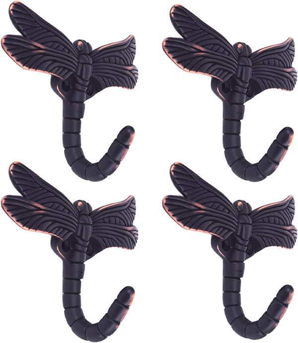 Dragonfly Hooks Wall Hooks for Hanging, Oil Rubbed Bronze Coat Hooks, Heavy Duty Key Holder, Pack of 4