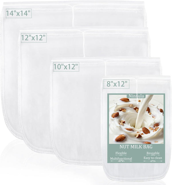 Ninsula 4PCS Nut Milk Bag, Food Grade Nylon Cheese Cloth Bag, Straining Reusable