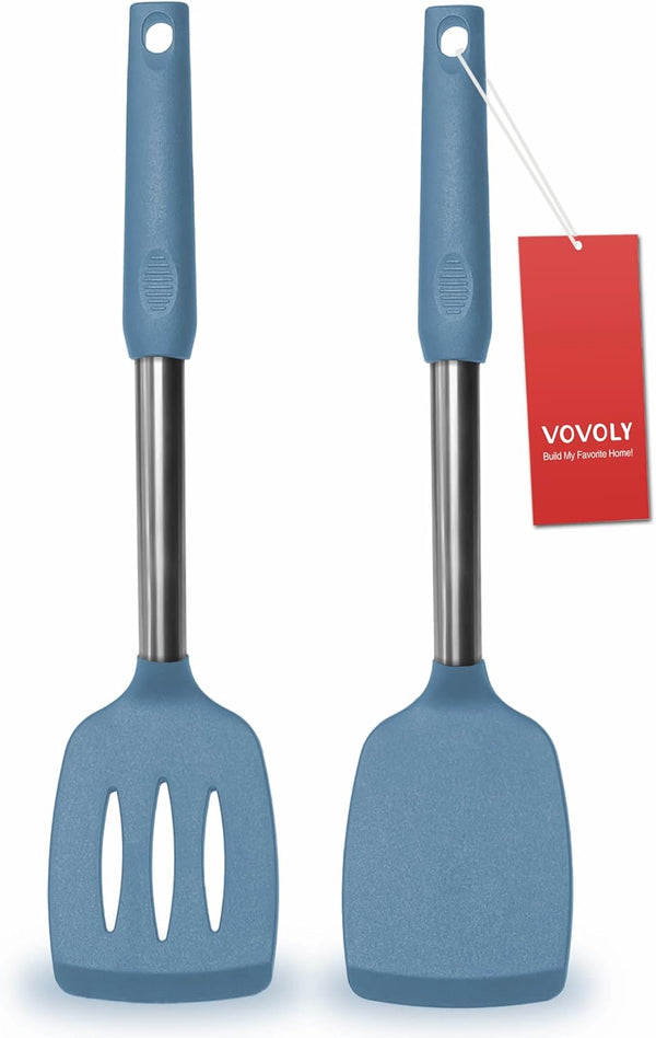2 Pack Solid & Slotted Silicone Spatula Set, Stainless Steel Handle, Non Stick, Heat Resistant, Starry Blue