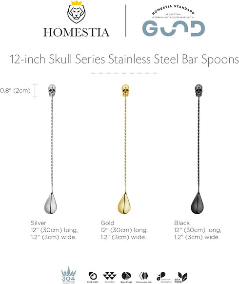 Homestia 12" bar spoon cocktail mixing spoon,304 stainless steel material,Halloween,Alloy Gothic Skull beverage mixer long handle spoon, beverage mixing spoon,long spoon for stirring/layering/mixing