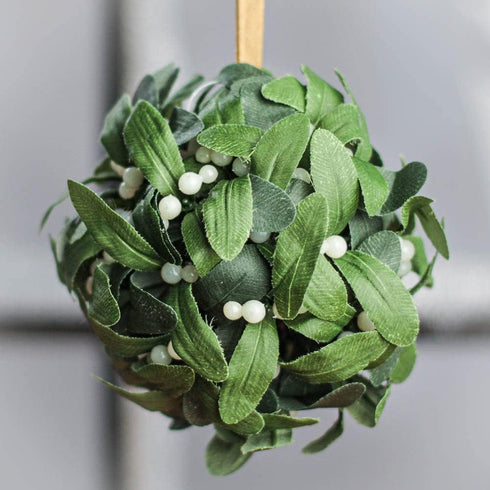 Factory Direct Craft Hanging Mistletoe Ball, Artificial Green Poly Silk Leaves, Multiple White Berries