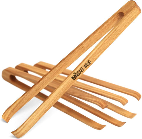 4 Pcs Wooden Toaster Tongs | 6-Inch Premium Maple Kitchen Utensils for Toast, Fruits, Bread, BBQ