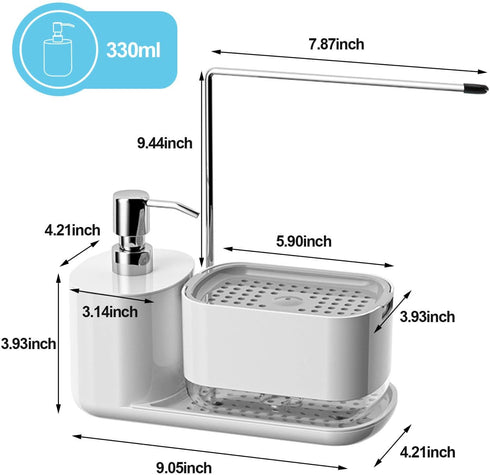 LUNHAJIN Set 4-in-1 Countertop Kitchen Soap Dispenser with Tray and Sponge Holder, Dish and Hand Soap Dispenser