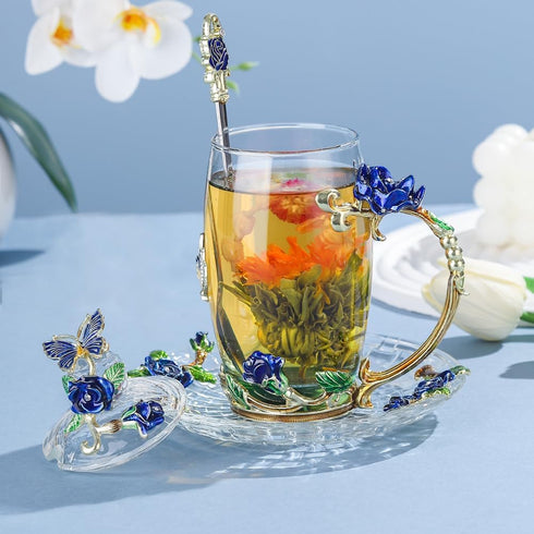 Glass Coffee Mug, Antique Birthday Christmas Gift for Women, Mom, Sister, Girlfriend, Flower Butterfly Cup (Tall Blue)