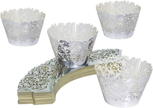 YOZATIA 60 Silver Vine Lace Cupcake Wrappers, Laser Cut Liners for Weddings and Special Events