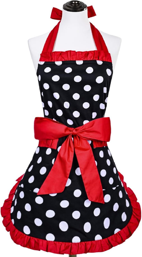 Violet Mist Vintage Apron for Women with Pockets, Cute Polka Dot Retro Stylish Apron (Red)