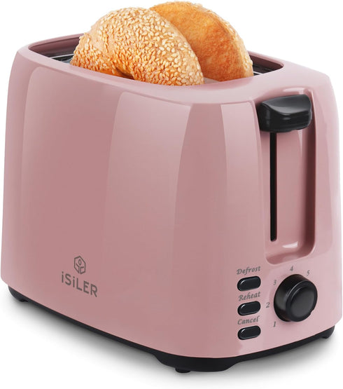 iSiLER 2 Slice Toaster - Pink, 1.3 Inches Wide Slot Bagel Toaster with 7 Shade Settings, Compact with Removable Crumb