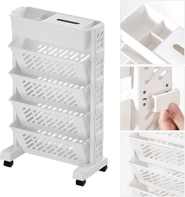 Carts with Wheels, Rolling Organization Shelf Desk Organizer, 5-Tier Plastic Rolling Utility Cart for Office