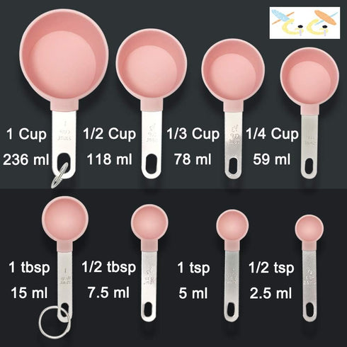 Measuring Cups and Spoons Set of 8pcs - Cute Pink Stainless Steel Handle, XGiGiX Plastic Measure Spoon and Cup Set