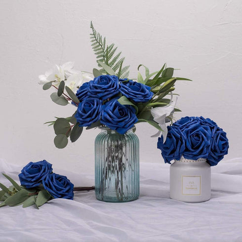 Artificial Flowers 25pcs Royal Blue Foam Fake Roses with Stems for DIY Wedding Bouquets