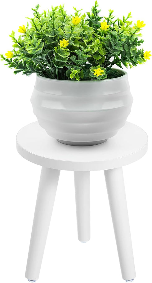 White Wooden Plant Stand Stool: Mid Century Modern Small Round Side Table, Heavy Duty Flower Pot Stand Holder
