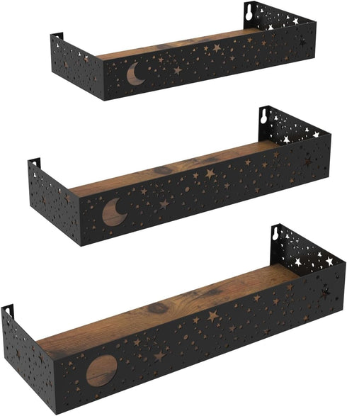 Moon and Stars Wall Shelves Black, Set of 3 Small Floating Shelves