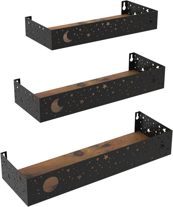 Moon and Stars Wall Shelves Black, Set of 3 Small Floating Shelves