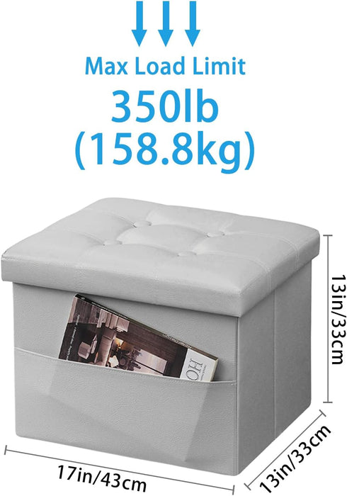 17 Inches Ottoman with Storage Foot Stool, Folding Storage Ottomans, Leather Upholstered Ottoman Foot Rest with Side