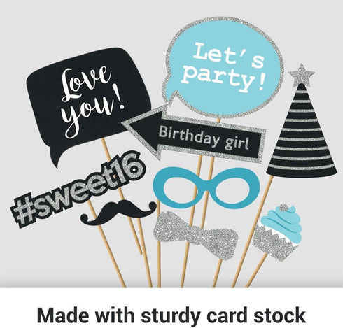 Fully Assembled Sweet 16 Birthday Photo Booth Props - Set of 30 - Teal Blue & Silver Selfie Signs with Real Glitter