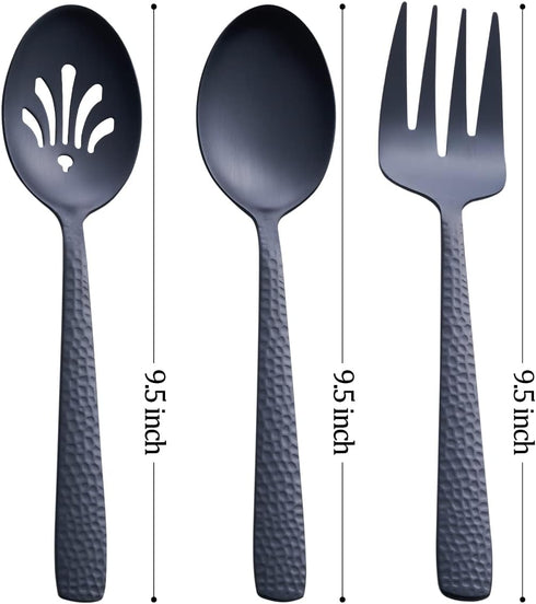 Matte Black Serving Utensil Set, 9.5-inch Stainless Steel Large Serving Spoon and Fork with Satin Finish