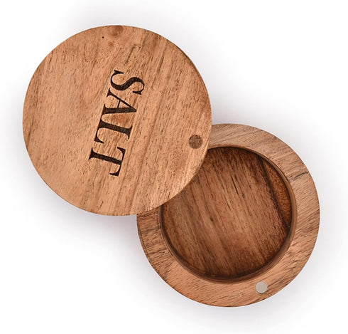 Acacia Wood Round Condiment Pot with Magnetic Swivel Lids, "Salt" Engraved for Kitchen Countertop, 3.5” x 3.5” x 2.5”