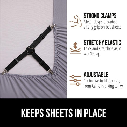 Gorilla Grip Bed Sheet Straps, Adjustable Elastic Fasteners with Metal Clips, Fitted Bedding Holder, 4 Pack Black