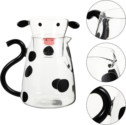1 Set Glass Carafe Pitcher with Glass Mug, Cute Cow Glass Tea Pitcher Kettle, 550ml Night Water Carafe