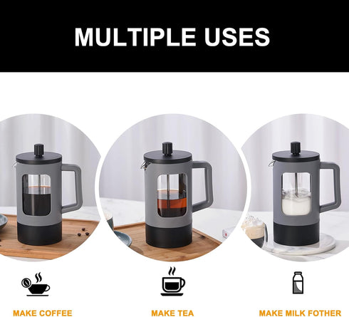 YOLIFE 21oz French Press Coffee Maker - Grey and Black Heat-Resistant Borosilicate Glass with 4-Level Filters