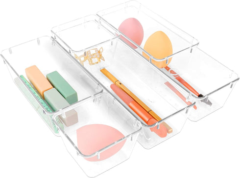 6 Pack Clear Plastic Drawer Organizer Set, Desk Drawer Storage Bins, Clear Organizer Tray