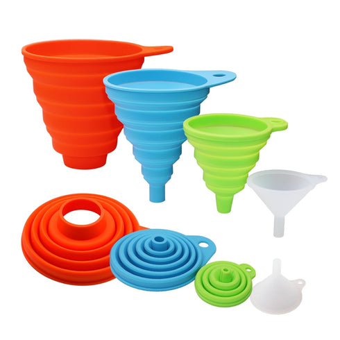 KongNai 4 Sizes Kitchen Funnel Set - Food Grade Silicone Collapsible Funnels for Filling Bottles, Canning, Cooking