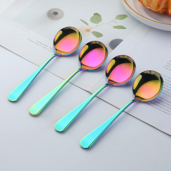 Broth Round Spoon Set, 12-Piece Reusable Stainless Steel Dinner Table Spoons, Rainbow Color for Camping, Ramen