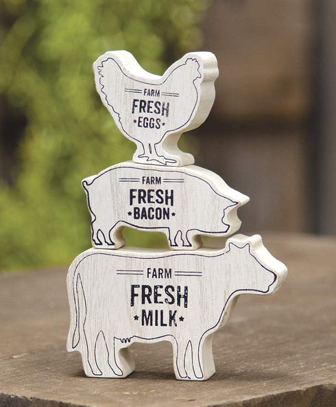 Hearthside Farmhouse Animal Wood Shelf Sitter Stack - Set of 3 - Cow, Pig, Chicken - Country Distressed Decor