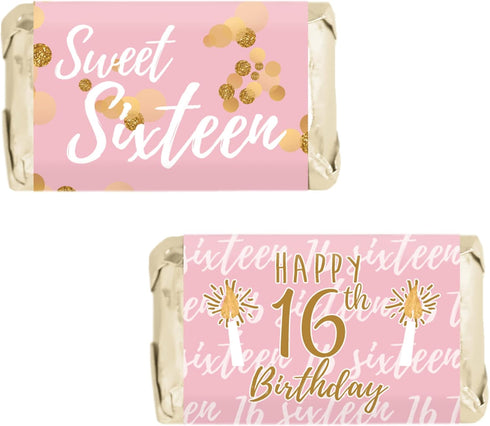 Pink and Gold Sweet 16 Birthday Party Mini Chocolate Candy Bar Wrappers - 42 Count, Sweet Sixteen Party Favor