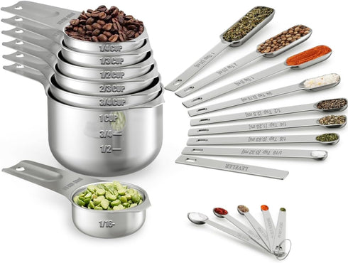 Wildone Measuring Cups & Spoons Set of 21 - 7 Stainless Steel Nesting Cups, 8 Measuring Spoons, 1 Leveler & 5 Mini
