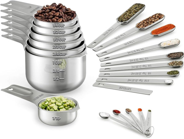 Wildone Measuring Cups & Spoons Set of 21 - 7 Stainless Steel Nesting Cups, 8 Measuring Spoons, 1 Leveler & 5 Mini