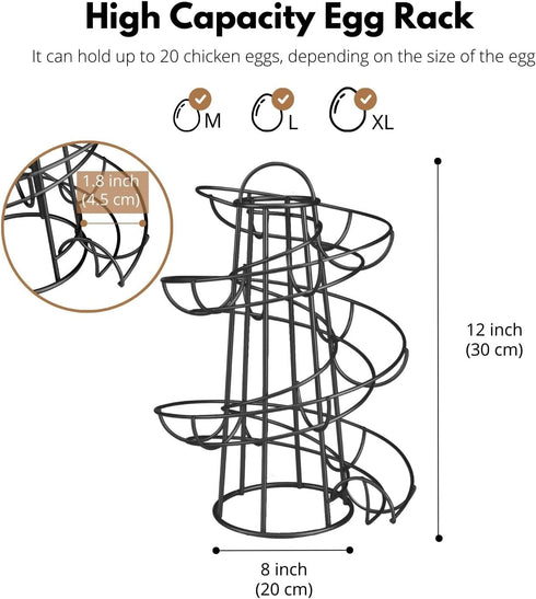 Flexzion Modern Spiral Egg Skelter - Medium Egg Holder Countertop, Freestanding Wired Dispenser for Fresh Eggs, Black