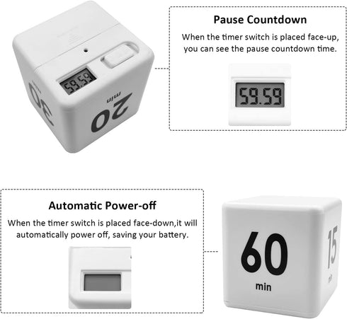 Kitchen Cube Timer - Kids Timer for ADHD, Productivity, Workout, Classroom Countdown Management Settings (15, 20, 30,