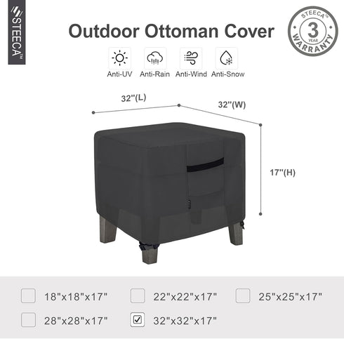 32L 32W 17H inch, Patio Ottoman Cover, Waterproof Outdoor Square Furniture Cover for Side & End Table x x Black