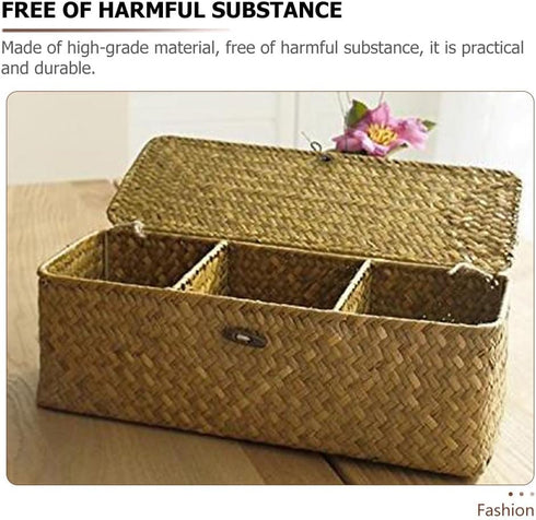 Handwoven Wicker Storage Basket with Lid, 3 Compartment Toilet Paper Holder for Bathroom, Kitchen Organizer Bin