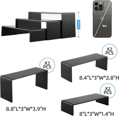 Goabroa 3 Tier Black Acrylic Display Risers - 2 Set (6 Pcs) Countertop Organizer Display Stand for Decoration