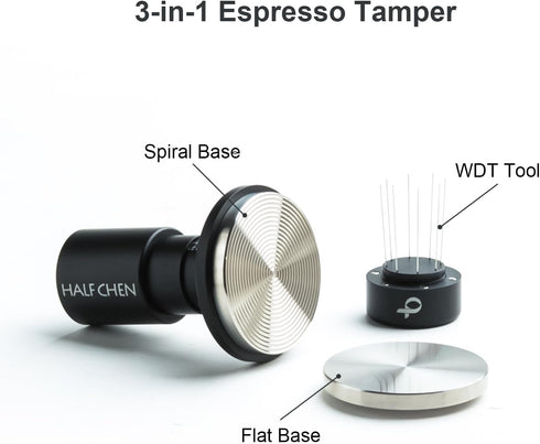 58mm Espresso Tamper with WDT Tool, Calibration Spring, Stainless Steel Flat and Spiral Bases, All-In-One Accessories